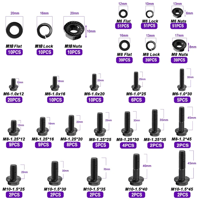 Alt view image 2 of 7 - 400PCS Metric Flange Bolt Assortment Kit,M6x1.0, M8x1.25, M10x1.5 Bolts(12mm to 45mm),Hex Bolts and Nuts Washers Kit,Metric Bolt Assortment for Automotive Fasteners,10.9 Black Zinc Galvanized