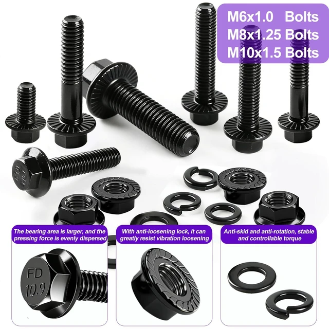 Alt view image 3 of 7 - 400PCS Metric Flange Bolt Assortment Kit,M6x1.0, M8x1.25, M10x1.5 Bolts(12mm to 45mm),Hex Bolts and Nuts Washers Kit,Metric Bolt Assortment for Automotive Fasteners,10.9 Black Zinc Galvanized