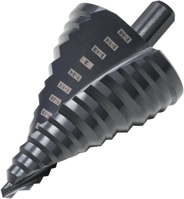 Main image of 2-3/8" HSS Step Drill Bit Unibit for Hole Drilling 14 Sizes Large High Speed Steel Step Drill bits; Double Straight Flutes; For Sheet Metal, Copper, Aluminum, Wood, Plastic