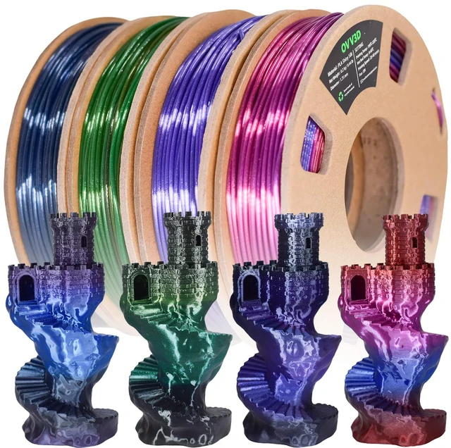 Main image of OVV3D PLA 3D Printer Filament Bundle, Shiny PLA Multicolor Pack Rainbow Silk PLA Filament 1.75mm, Silk Black Purple Green Blue and Red Purple Blue 3D Printing Filament, 200g X 4 Spools