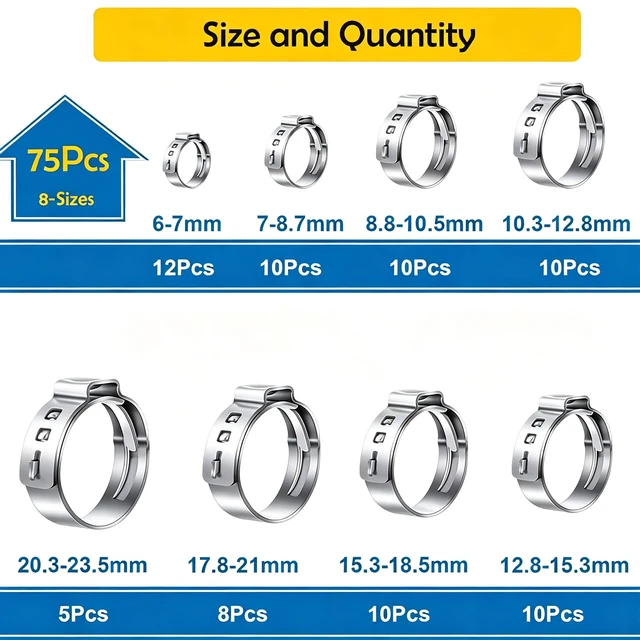 Alt view image 2 of 6 - 75Pcs 8-Sizes 304 Stainless Steel Single Ear Hose Clamps with Ear clamp plier 6-23.6mm Crimp Hose Clamps Assortment Kit for Auto/Home Appliance/Pipe/Fuel Line Stepless hose clamp with pincer