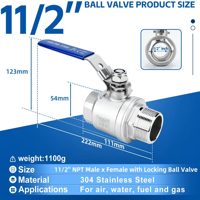 Alt view image 2 of 7 - 2 Pack 1.5" Full Port Ball Valve NPT Male x Female 304 Stainless Steel Heavy Duty 1000 WOG Shut Off Valve with Locking Device (1-1/2 Inch)