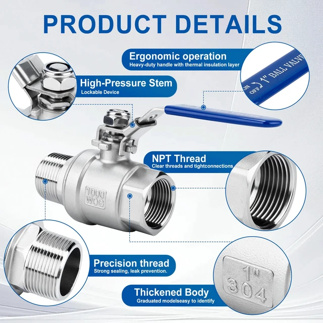 Alt view image 5 of 7 - 2 Pack 1.5" Full Port Ball Valve NPT Male x Female 304 Stainless Steel Heavy Duty 1000 WOG Shut Off Valve with Locking Device (1-1/2 Inch)