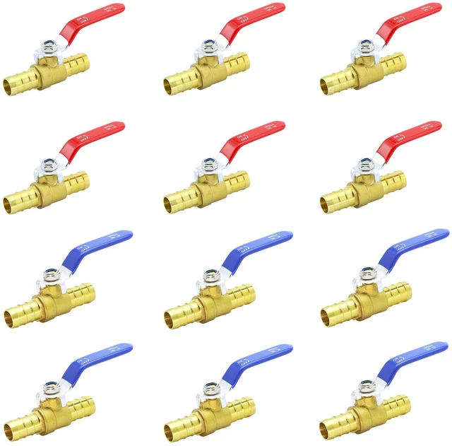 Main image of 3/4" PEX Ball Valve, 12-Pack Crimp Full Port Shut-Off Brass Hot/Cold Water Lead-free brass, 400 PSI. Full port, 90° turn. Fits PEX A/B/C crimp & clamp. 6 red + 6 blue handles ID hot/cold