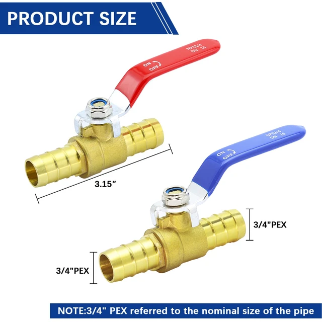 Alt view image 2 of 7 - 3/4" PEX Ball Valve, 12-Pack Crimp Full Port Shut-Off Brass Hot/Cold Water Lead-free brass, 400 PSI. Full port, 90° turn. Fits PEX A/B/C crimp & clamp. 6 red + 6 blue handles ID hot/cold