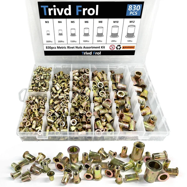 Main image of 830PCS Metric Rivet Nut Tool Kit, M3 M4 M5 M6 M8 M10 M12 Galvanized Carbon Steel Flat Head Rivet Nuts Assortment Kit, Threaded Insert Rivnuts Suitable for Metal Sheet Fasteners