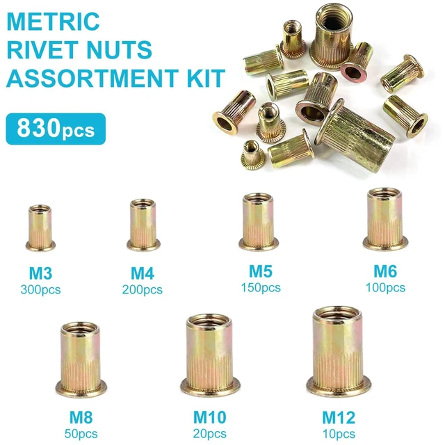 Alt view image 3 of 7 - 830PCS Metric Rivet Nut Tool Kit, M3 M4 M5 M6 M8 M10 M12 Galvanized Carbon Steel Flat Head Rivet Nuts Assortment Kit, Threaded Insert Rivnuts Suitable for Metal Sheet Fasteners