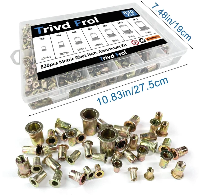 Alt view image 7 of 7 - 830PCS Metric Rivet Nut Tool Kit, M3 M4 M5 M6 M8 M10 M12 Galvanized Carbon Steel Flat Head Rivet Nuts Assortment Kit, Threaded Insert Rivnuts Suitable for Metal Sheet Fasteners
