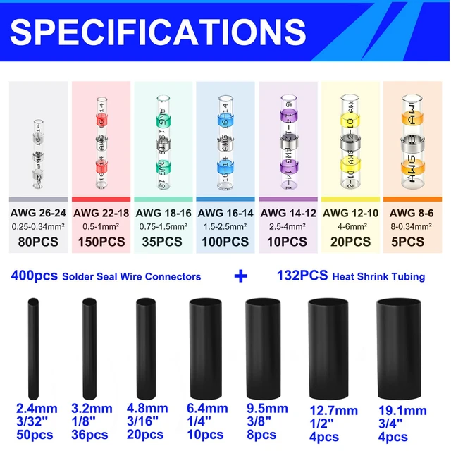 Alt view image 2 of 7 - 532PCS Heat Shrink Solder Seal Wire Connectors Kit with Mini Heat Gun, Solder Stick Wire Connectors Waterproof Wire Electrical Connector Kit for Marine, Automotive, Boat, Truck (26-6 Gauge)