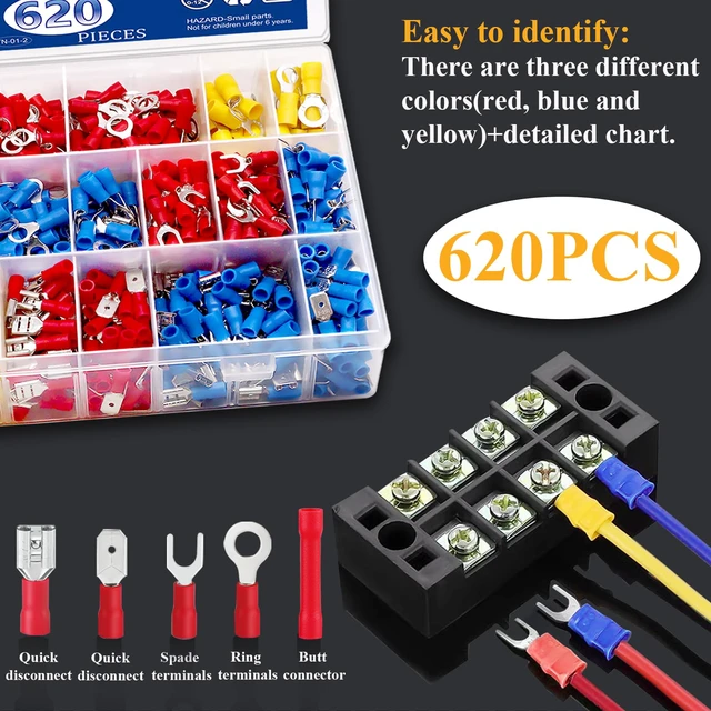 Alt view image 3 of 6 - 620Pcs Insulated Wire Crimp Connectors Assortment Kit, Fork Ring Spade Butt Quick Disconnect Terminals Lugs Set, Male/Female Wire Cable Connectors