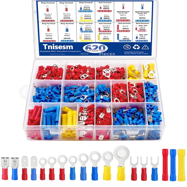 Alt view image 6 of 6 - 620Pcs Insulated Wire Crimp Connectors Assortment Kit, Fork Ring Spade Butt Quick Disconnect Terminals Lugs Set, Male/Female Wire Cable Connectors