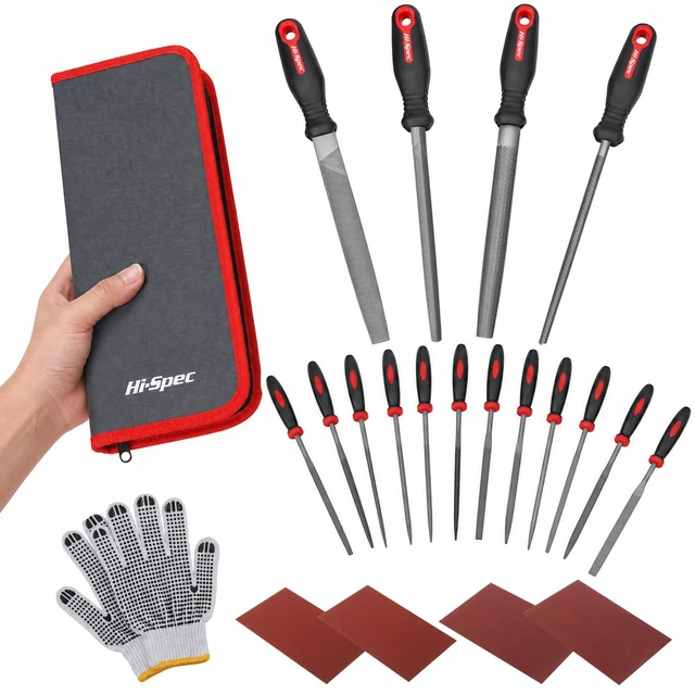 Main image of Metal Hand and Small Mini Needle Steel File Set in a Carry Case 16pc, varied profiles, shaping and deburring control, smooths edges, durable steel, zipper case, cleanup brush, quick setup