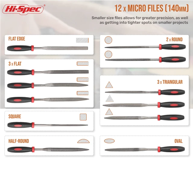 Alt view image 3 of 7 - Metal Hand and Small Mini Needle Steel File Set in a Carry Case 16pc, varied profiles, shaping and deburring control, smooths edges, durable steel, zipper case, cleanup brush, quick setup