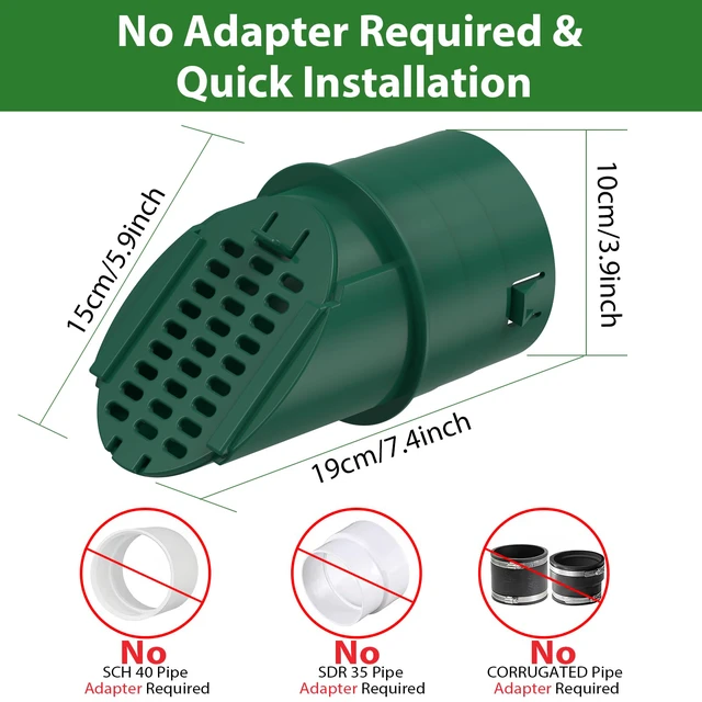 Alt view image 2 of 7 - 2 Pack 4" Slope Drainage Grate Cover, Rain Diverter, Drainage Grate Yard Drain, Drain Emitter for Sump Pump Discharge & Downspout Extensions, Fit 4" SCH 40, 4" SDR 35, 4" Corrugated Pipe-Green