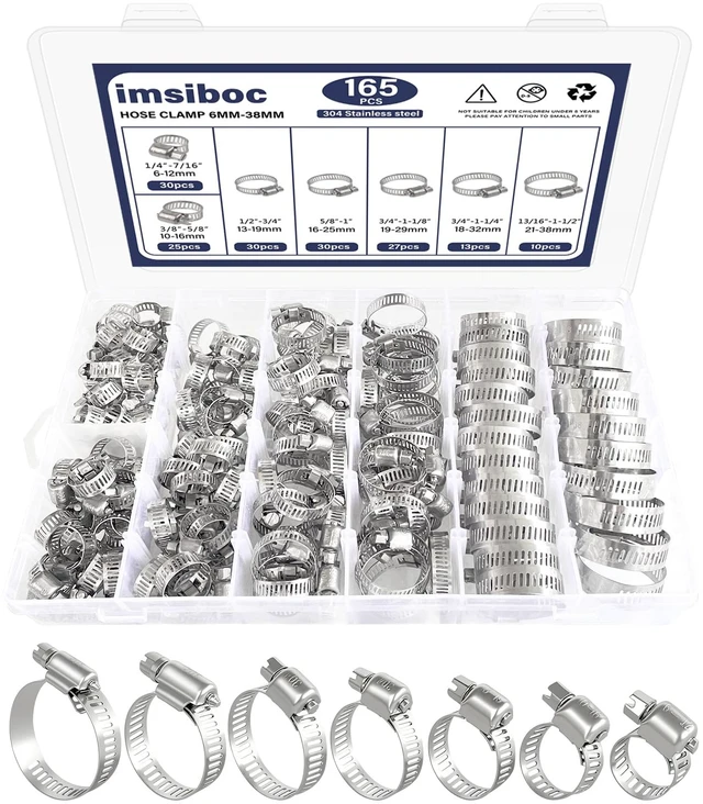 Main image of 165PCS Adjustable Stainless Steel Hose Clamps Assortment Kit, 1/4''- 1-1/2'' (6-38mm) Worm Gear Metal Fuel Line Clamp for Plumbing, Automotive and Mechanical Applications