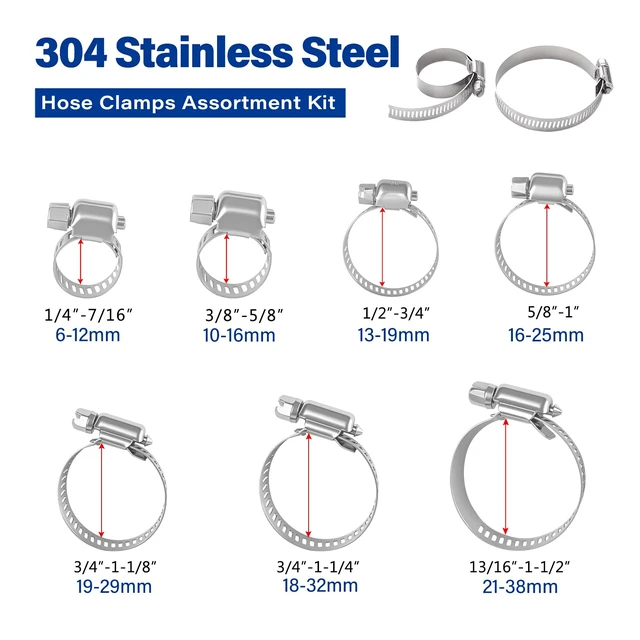 Alt view image 2 of 6 - 165PCS Adjustable Stainless Steel Hose Clamps Assortment Kit, 1/4''- 1-1/2'' (6-38mm) Worm Gear Metal Fuel Line Clamp for Plumbing, Automotive and Mechanical Applications
