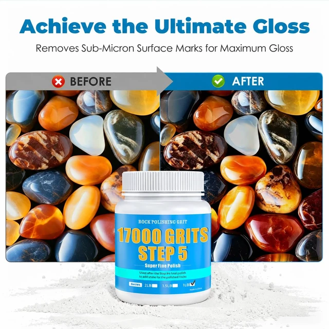 Alt view image 2 of 7 - 17000 Grit Aluminum Oxide Rock Tumbler Polish, Step 5 Premium Final Polish Maximum Gloss Finish, Ultra-Fine Formula for Rocks, Gemstones, Glass & Jewelry Making, 1 LB Resealable Polish Refill