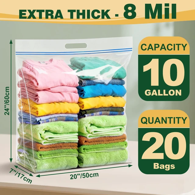 Alt view image 2 of 7 - 20 PACK Extra Large Storage Bags, 10 Gallon 24"x20"x7" Zipper Bags Resealable Clear Bags with Handle,XL Heavy Duty for Clothes Travel Moving,Double Zipper Seal, Expandable Bottom,Thick 8 Mils