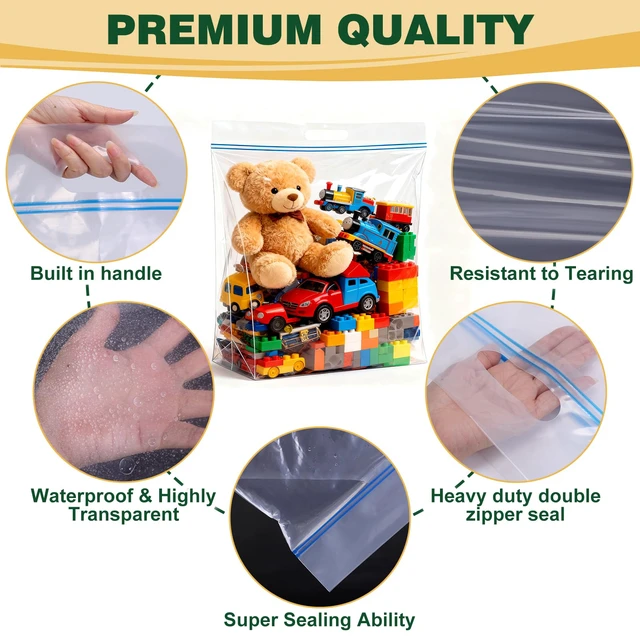 Alt view image 3 of 7 - 20 PACK Extra Large Storage Bags, 10 Gallon 24"x20"x7" Zipper Bags Resealable Clear Bags with Handle,XL Heavy Duty for Clothes Travel Moving,Double Zipper Seal, Expandable Bottom,Thick 8 Mils