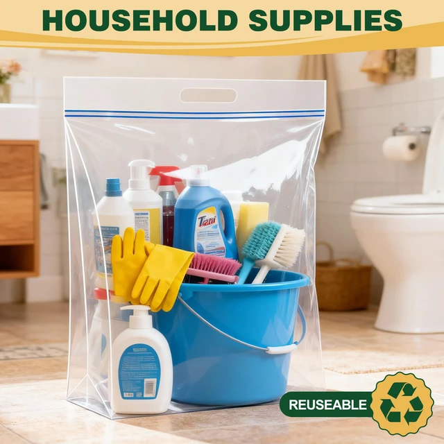 Alt view image 6 of 7 - 20 PACK Extra Large Storage Bags, 10 Gallon 24"x20"x7" Zipper Bags Resealable Clear Bags with Handle,XL Heavy Duty for Clothes Travel Moving,Double Zipper Seal, Expandable Bottom,Thick 8 Mils
