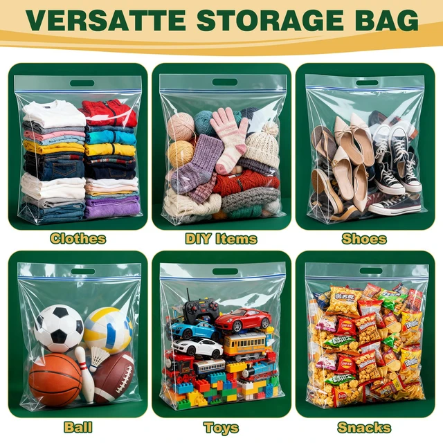 Alt view image 7 of 7 - 20 PACK Extra Large Storage Bags, 10 Gallon 24"x20"x7" Zipper Bags Resealable Clear Bags with Handle,XL Heavy Duty for Clothes Travel Moving,Double Zipper Seal, Expandable Bottom,Thick 8 Mils