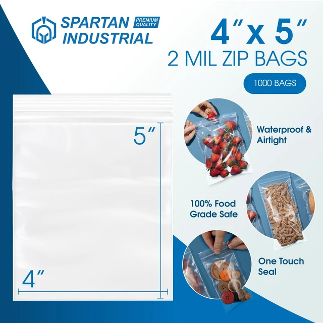 Alt view image 2 of 6 - 4 X 5 (1000 Count) 2 Mil Clear Reclosable Zip Plastic Poly Bags with Resealable Lock Seal Zipper