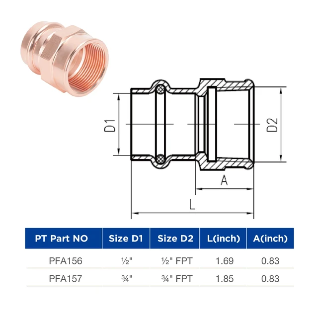 Alt view image 3 of 7 - Copper Press Fittings 3/4" Female Adapter x 3/4" Press 10 Pack