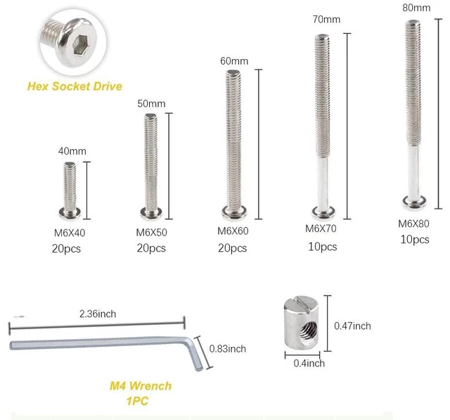 Alt view image 2 of 7 - 160pcs Baby Bed Crib Screws Hardware Replacement Kit- M6x40mm/ 50mm/ 60mm/ 70mm/ 80mm Hex Drive Socket Cap Screws Barrel Nuts Assortment Kit for Beds Headboards Chairs Furniture
