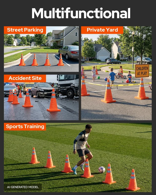 Alt view image 7 of 7 - 4 Pack 28In Collapsible Traffic Safety Cones with Reflective Collar Multi Purpose Pop Up Cones for Road Safety, Parking Lot, Driving and Sport Training