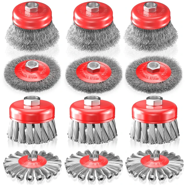 Main image of 12 PCS Wire Wheel Brush for 4-1/2" Angle Grinder, Carbon Steel Knotted & Crimped Cup/Wheel Brushes (3" & 4"), Heavy Duty Rust, Paint, Corrosion Removal, 5/8"-11 UNC Threaded Arbor