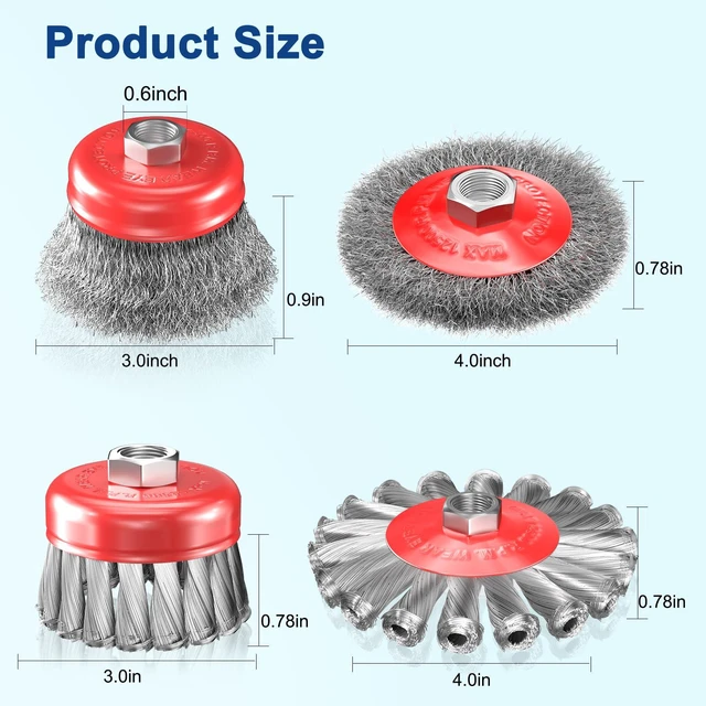 Alt view image 3 of 7 - 12 PCS Wire Wheel Brush for 4-1/2" Angle Grinder, Carbon Steel Knotted & Crimped Cup/Wheel Brushes (3" & 4"), Heavy Duty Rust, Paint, Corrosion Removal, 5/8"-11 UNC Threaded Arbor