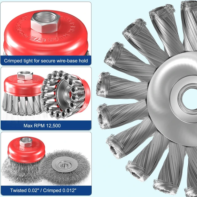 Alt view image 4 of 7 - 12 PCS Wire Wheel Brush for 4-1/2" Angle Grinder, Carbon Steel Knotted & Crimped Cup/Wheel Brushes (3" & 4"), Heavy Duty Rust, Paint, Corrosion Removal, 5/8"-11 UNC Threaded Arbor