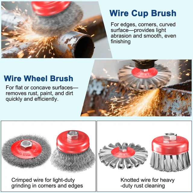 Alt view image 5 of 7 - 12 PCS Wire Wheel Brush for 4-1/2" Angle Grinder, Carbon Steel Knotted & Crimped Cup/Wheel Brushes (3" & 4"), Heavy Duty Rust, Paint, Corrosion Removal, 5/8"-11 UNC Threaded Arbor
