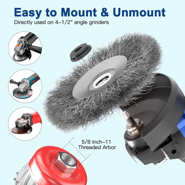 Alt view image 6 of 7 - 12 PCS Wire Wheel Brush for 4-1/2" Angle Grinder, Carbon Steel Knotted & Crimped Cup/Wheel Brushes (3" & 4"), Heavy Duty Rust, Paint, Corrosion Removal, 5/8"-11 UNC Threaded Arbor