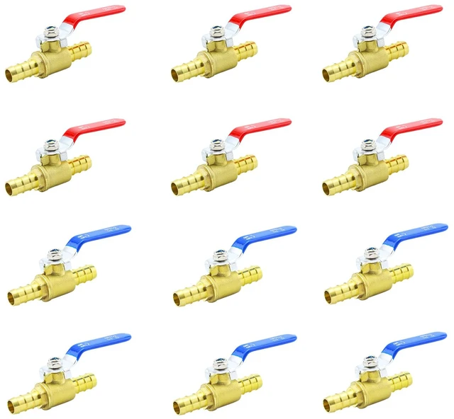 Main image of 1/2" PEX Ball Valve, 12-Pack Crimp Full Port Shut-Off Brass Hot/Cold Water Lead-free brass, 400 PSI. Full port, 90° turn. Fits PEX A/B/C crimp & clamp. 6 red + 6 blue handles ID hot/cold