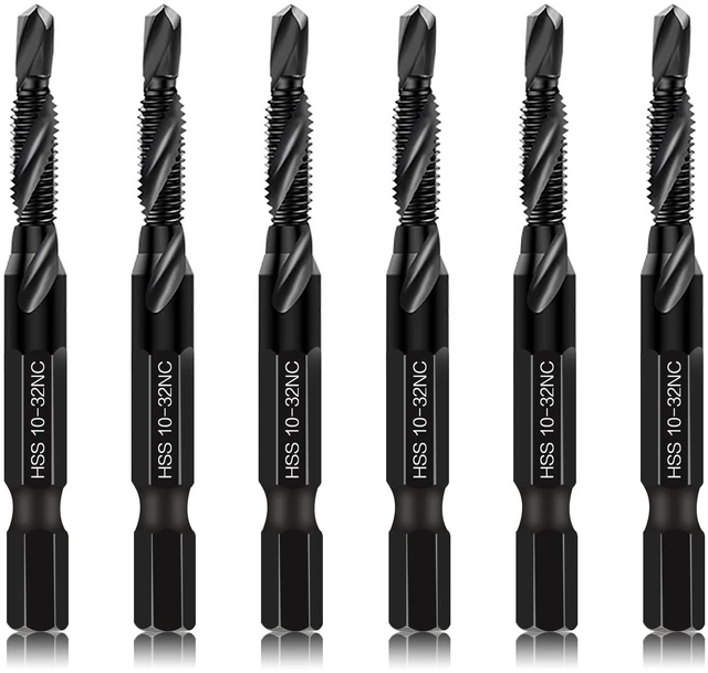Main image of 6-Piece 10-32NC Combination Drill Tap Countersink Bit Set SAE, Made of High-Speed Steel with Anti-Rust Blackened Coating, Ideal for Soft Metal, Wood & Plastic, 10-32NC Thread Size, 1/4 Hex Shank