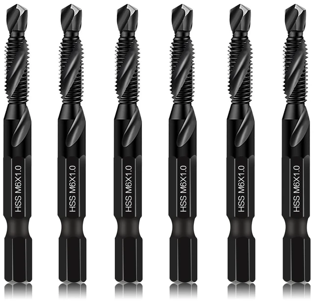 Main image of 6 Packs M6 Combination Drill & Taps Bit Set, Screw Threading Tapping Tools in Size M6*1.0 with Anti-Rust Black Coating, 1/4" Hex Shank and Storage Case