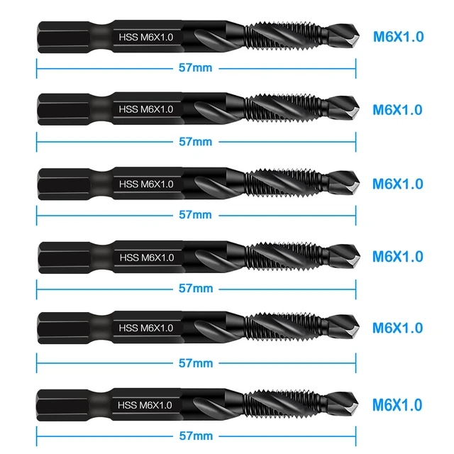 Alt view image 2 of 6 - 6 Packs M6 Combination Drill & Taps Bit Set, Screw Threading Tapping Tools in Size M6*1.0 with Anti-Rust Black Coating, 1/4" Hex Shank and Storage Case
