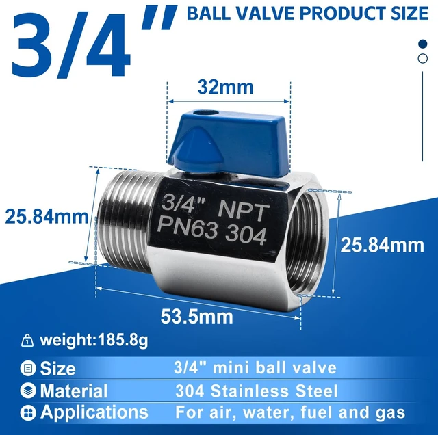 Alt view image 2 of 7 - 2 Pack 3/4" Mini Ball Valve, 304 Stainless Steel Shut-Off Valve NPT Female x Male Thread Small Valves for Compact Space (2, 3/4 Inch)