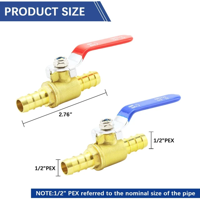 Alt view image 2 of 7 - 1/2" PEX Ball Valve, 12-Pack Crimp Full Port Shut-Off Brass Hot/Cold Water Lead-free brass, 400 PSI. Full port, 90° turn. Fits PEX A/B/C crimp & clamp. 6 red + 6 blue handles ID hot/cold