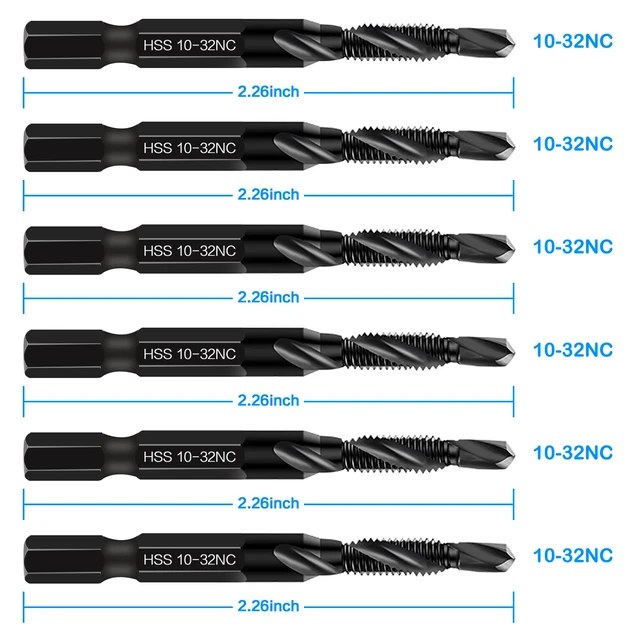 Alt view image 2 of 7 - 6-Piece 10-32NC Combination Drill Tap Countersink Bit Set SAE, Made of High-Speed Steel with Anti-Rust Blackened Coating, Ideal for Soft Metal, Wood & Plastic, 10-32NC Thread Size, 1/4 Hex Shank