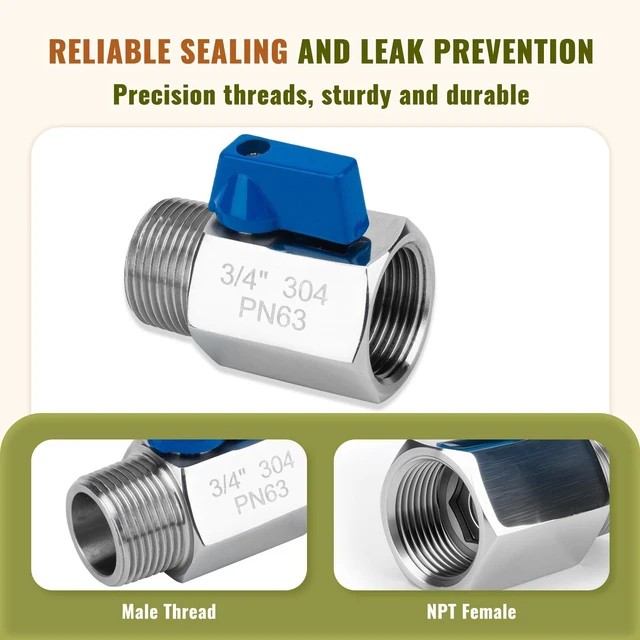 Alt view image 5 of 7 - 2 Pack 3/4" Mini Ball Valve, 304 Stainless Steel Shut-Off Valve NPT Female x Male Thread Small Valves for Compact Space (2, 3/4 Inch)
