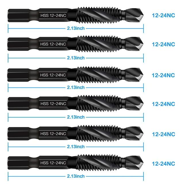 Alt view image 2 of 7 - 6-Piece 12-24NC Combination Drill Tap Countersink Bit Set SAE, Made of High-Speed Steel with Anti-Rust Blackened Coating, Ideal for Soft Metal, Wood & Plastic, 12-24NC Thread Size, 1/4" Hex Shank