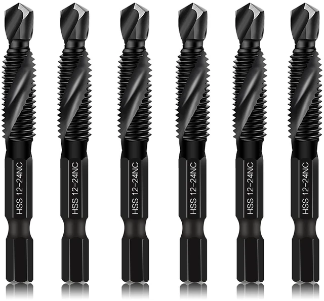 Main image of 6-Piece 12-24NC Combination Drill Tap Countersink Bit Set SAE, Made of High-Speed Steel with Anti-Rust Blackened Coating, Ideal for Soft Metal, Wood & Plastic, 12-24NC Thread Size, 1/4" Hex Shank