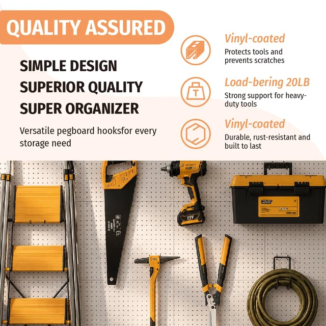 Alt view image 6 of 7 - 10 Pack Pegboard Drill Holder Utility Hooks for 1/4 Inch Pegboard Tool Holders with 20 lb Capacity for Power Tools, Hammers, Cords, Hoses, Shovels, Brooms and Garage Storage