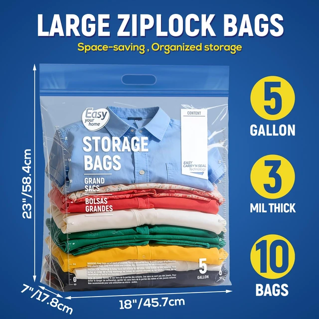 Alt view image 2 of 6 - 5 Gallon Storage Bags with Handle&Bottom for Clothing Blanket Large,Reusable,Durable,Waterproof,Various Size,Easy to Seal&Open,BPA-Free Plastic,Food,Freezer,Travel,Moving,3Mil Thick,10PCS