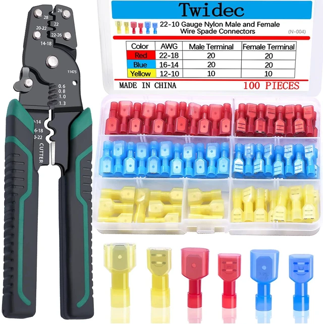 Main image of /100PCS Nylon Spade Connectors Kit 22-10 Gauge Quick Disconnect Fully Insulated Male and Female Wire Spade Terminal Assortment Kit and Wire Crimper Tool with Stripper Cutter