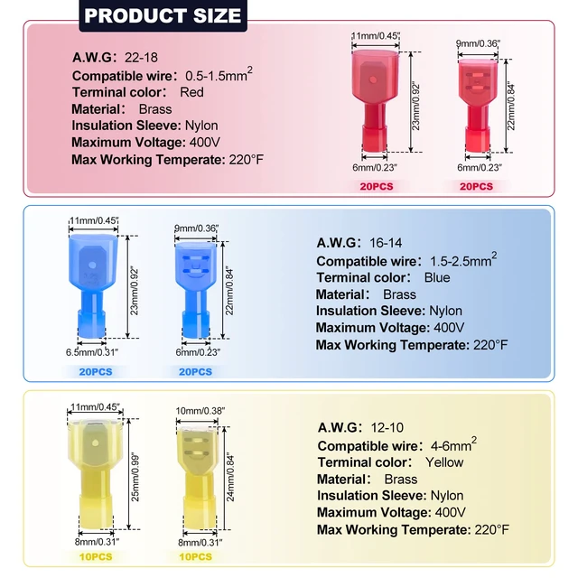 Alt view image 2 of 7 - /100PCS Nylon Spade Connectors Kit 22-10 Gauge Quick Disconnect Fully Insulated Male and Female Wire Spade Terminal Assortment Kit and Wire Crimper Tool with Stripper Cutter