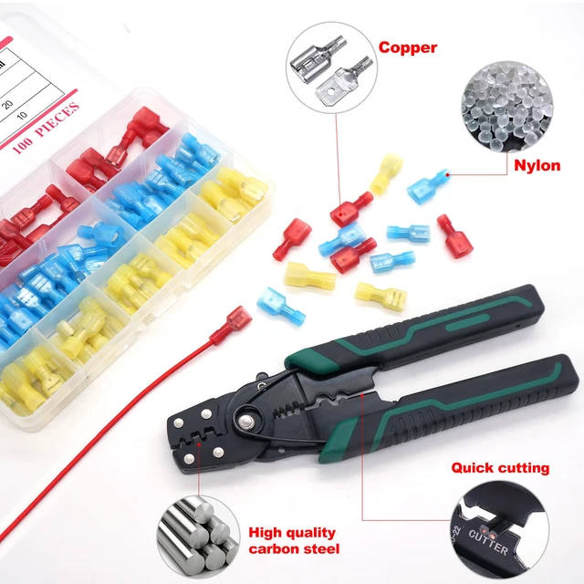 Alt view image 7 of 7 - /100PCS Nylon Spade Connectors Kit 22-10 Gauge Quick Disconnect Fully Insulated Male and Female Wire Spade Terminal Assortment Kit and Wire Crimper Tool with Stripper Cutter