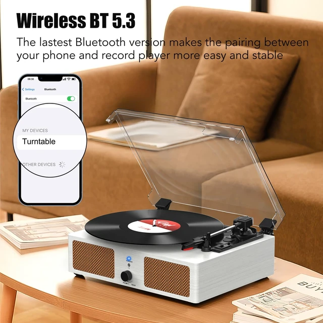 Alt view image 2 of 7 - Vinyl Record Player Wireless Turntable with Speakers & USB, White Bluetooth Input Headphone Jack RCA Output Auto Stop Belt-Driven 3 Speed Vintage Phonograph for Entertainment and Home Decor